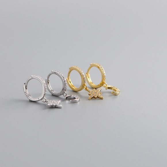 Gold Vermeil Crescent Moon Star Earrings Zodiac Asymmetric Hoop Huggie Earrings - Picture 3 of 5